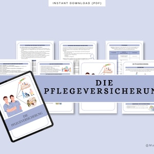 Könnte beinhalten: Ein digitaler Download eines druckbaren Arbeitsblattes über die deutsche Pflegeversicherung. Das Arbeitsblatt zeigt eine bunte Illustration eines Arztes, einer Krankenschwester und eines Senioren. Der Text "DIE PFLEGEVERSICHERUNG" ist auf dem Arbeitsblatt abgebildet.
