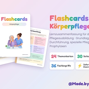 Puede incluir: Un conjunto de tarjetas educativas tituladas Flashcards Körperpflege con ilustraciones de un cuidador asistiendo a una persona mayor. Las tarjetas incluyen texto en alemán sobre conceptos básicos de enfermería, procedimientos y profilaxis, con 24 tarjetas temáticas.