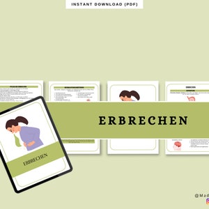 Könnte beinhalten: Ein digitaler Download einer druckbaren Bildungsressource zum Thema Erbrechen. Die Ressource enthält Illustrationen einer Person, die sich erbricht, eines Magens und eines Gehirns. Der Titel der Ressource lautet "ERBRECHEN" in Deutsch.