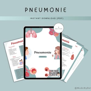 以下が含まれることがあります： Pneumonieというタイトルの教育用PDFを表示するデジタルタブレット。肺、肺胞、人物の医療イラストが描かれています。ドキュメントにはドイツ語のテキスト、呼吸器の健康に関する図、8 SEITENと書かれた円形のバッジが含まれています。