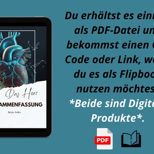 Op de afbeelding: Een digitale tablet met een boekomslag met een blauwe en rode hartgrafiek. De tekst op de omslag luidt "Das Herz ZUSAMMENFASSUNG Betzy Aviles". De tekst onder de tablet luidt "Du erh&auml;ltst es einmal als PDF-Datei und bekommst einen QR-Code oder Link, wenn du es als Flipbook nutzen m&ouml;chtest *Beide sind Digitale Produkte*."