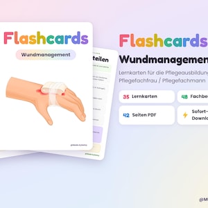 Könnte beinhalten: Ein Set Lernkarten mit dem Titel Flashcards Wundmanagement und einer Illustration einer Hand mit einer bandagierten Wunde. Das Set enthält 35 Lernkarten, 48 Fachbegriffe und ein 42-seitiges PDF für die pflegerische Ausbildung.