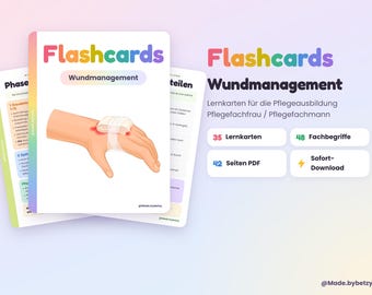 May include: A set of educational flashcards titled Flashcards Wundmanagement featuring an illustration of a hand with a bandaged wound. The cards include 35 learning cards, 48 technical terms, and a 42-page PDF for nursing education training.