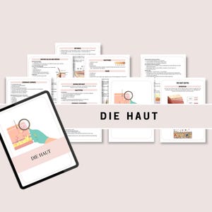 Könnte beinhalten: Ein digitales Tablet zeigt ein Diagramm der menschlichen Haut mit dem Text "DIE HAUT" in einer Lupe. Das Tablet ist von mehreren Seiten mit Text und Diagrammen über die Haut umgeben.