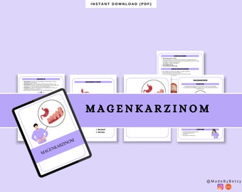 May include: A digital download of an educational guide about stomach cancer, or Magenkarzinom in German. The guide includes illustrations of the stomach and information about the disease. The guide is available for instant download as a PDF.