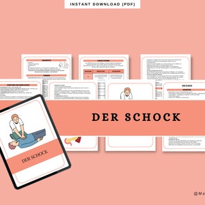 Könnte beinhalten: Ein digitaler Download eines druckbaren Erste-Hilfe-Leitfadens in deutscher Sprache mit dem Titel "Der Schock". Der Leitfaden enthält Illustrationen und Informationen über Schock, Symptome, Diagnose und Behandlung.