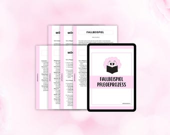 Puede incluir: Una hoja de trabajo imprimible rosa y negra con el título "Fallbeispiel Pflegeprozess" y un cerebro de dibujos animados leyendo un libro. La hoja de trabajo incluye una lista de pasos para el proceso de enfermería.