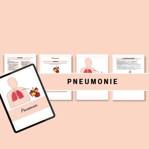 Può includere: Un tablet digitale che mostra un'illustrazione dei polmoni di una persona con un'area evidenziata in rosso. Il testo "Pneumonie" è scritto in corsivo sul tablet. L'immagine fa parte di un set di quattro pagine con informazioni sulla polmonite.