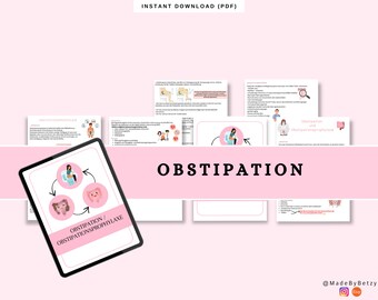 May include: A digital download titled "Obstipation" with diagrams and text. The image features a tablet displaying a diagram of the digestive system, surrounded by other informational cards. The background is a soft pink.