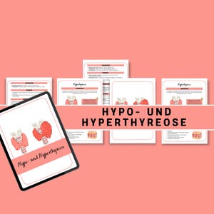Könnte beinhalten: Ein digitales Tablet zeigt ein Diagramm der Schilddrüse mit dem Text "Hypo- und Hyperthyreose". Das Tablet ist von mehreren bedruckten Seiten mit dem Text "Hypo- und Hyperthyreose" in Fettdruck umgeben.