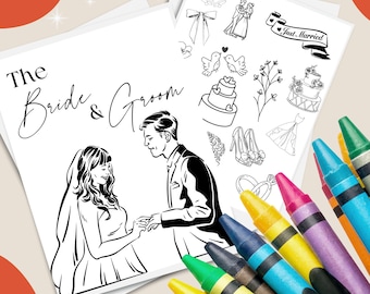May include: A black and white colouring page featuring a bride and groom with the text "The Bride & Groom". The page also includes various wedding-themed illustrations such as rings, doves, flowers, and a cake.