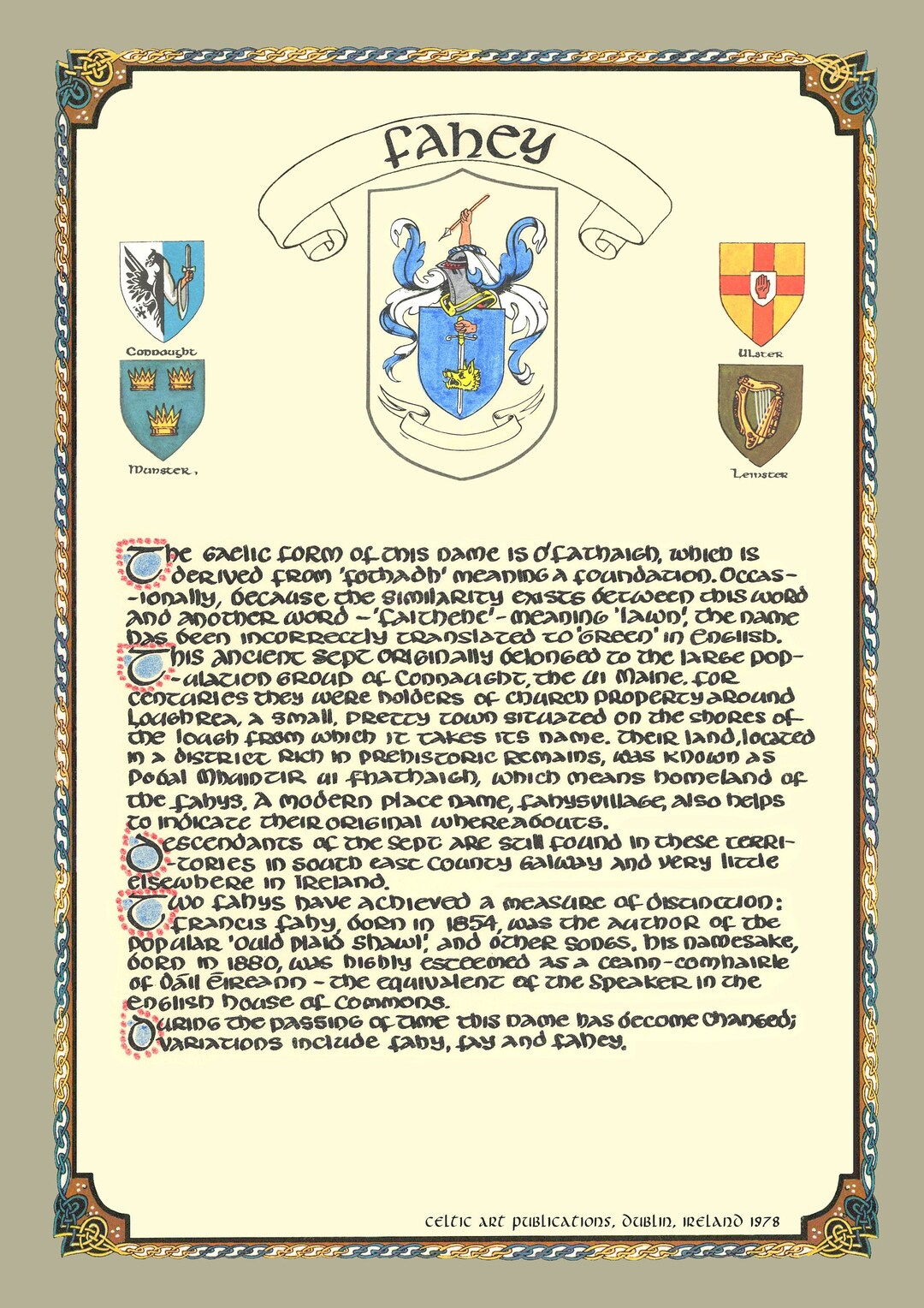 Fahey Family Crest Irish Coat of Arms Irish Family Crest Gifts Ireland