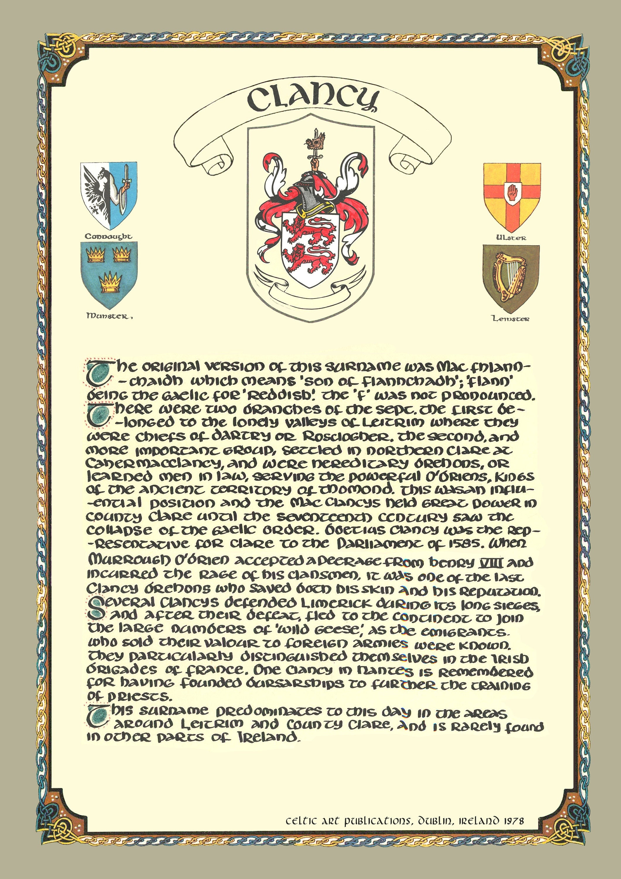 Clancy Family Crest Irish Coat of Arms Irish Family Crest - Etsy