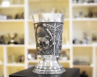 Irish Pewter Beaker – Embossed Fox, Celtic Woodland Scene