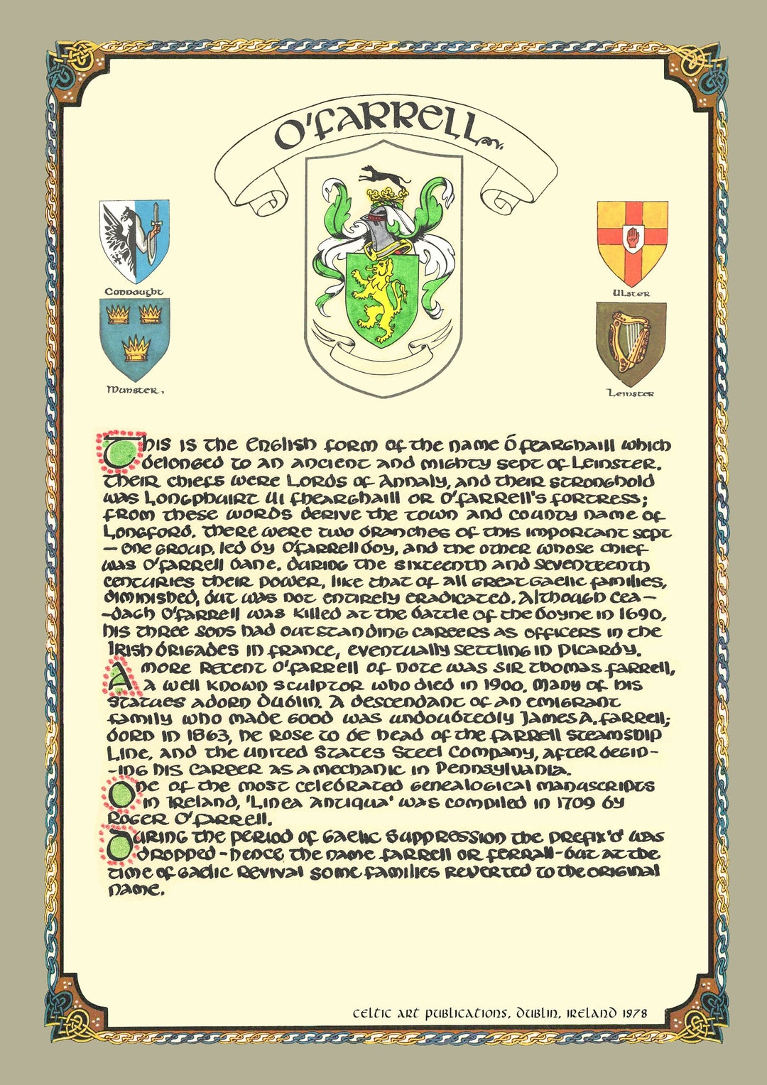 O'farrell Family Crest Irish Coat of Arms Irish Family Etsy