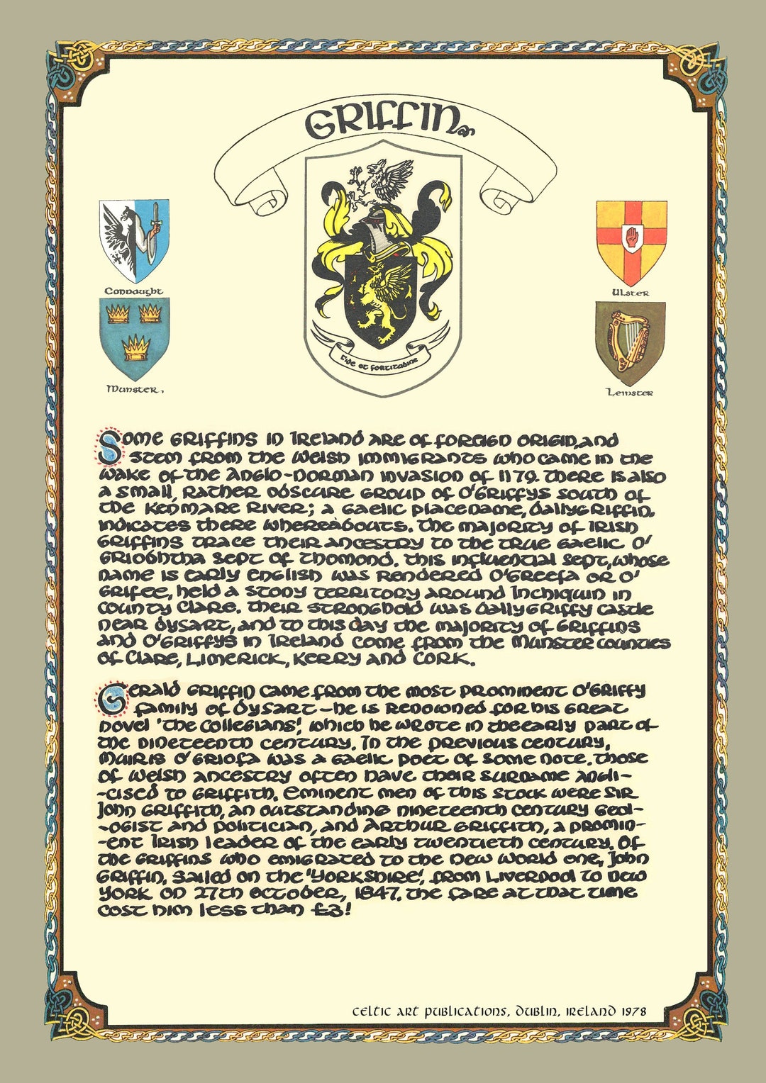 Griffin Family Crest Irish Coat of Arms Irish Family Crest Gifts