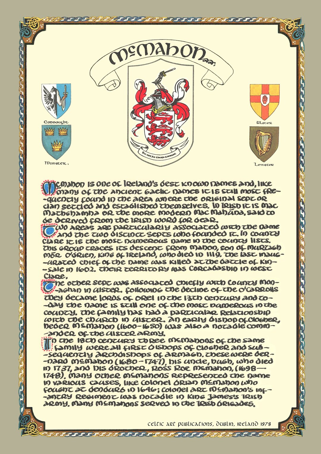 Mcmahon Family Crest Irish Coat of Arms Irish Family Crest Gifts Ireland Coat of Arms Etsy