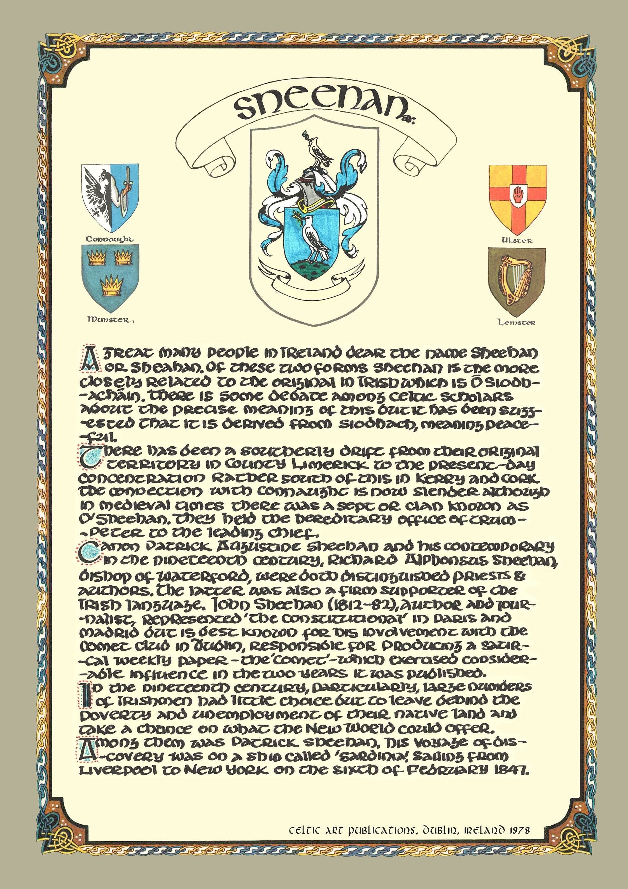 Sheehan Family Crest Irish Coat of Arms Irish Family Crest Gifts