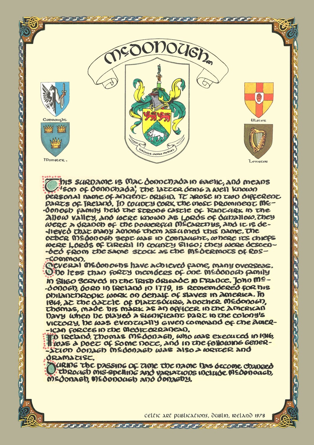 Mcdonough Family Crest Irish Coat of Arms Irish Family Crest Gifts