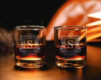 Personalized Whiskey Glasses, Family Crest Engraved Tumblers, Set of 2