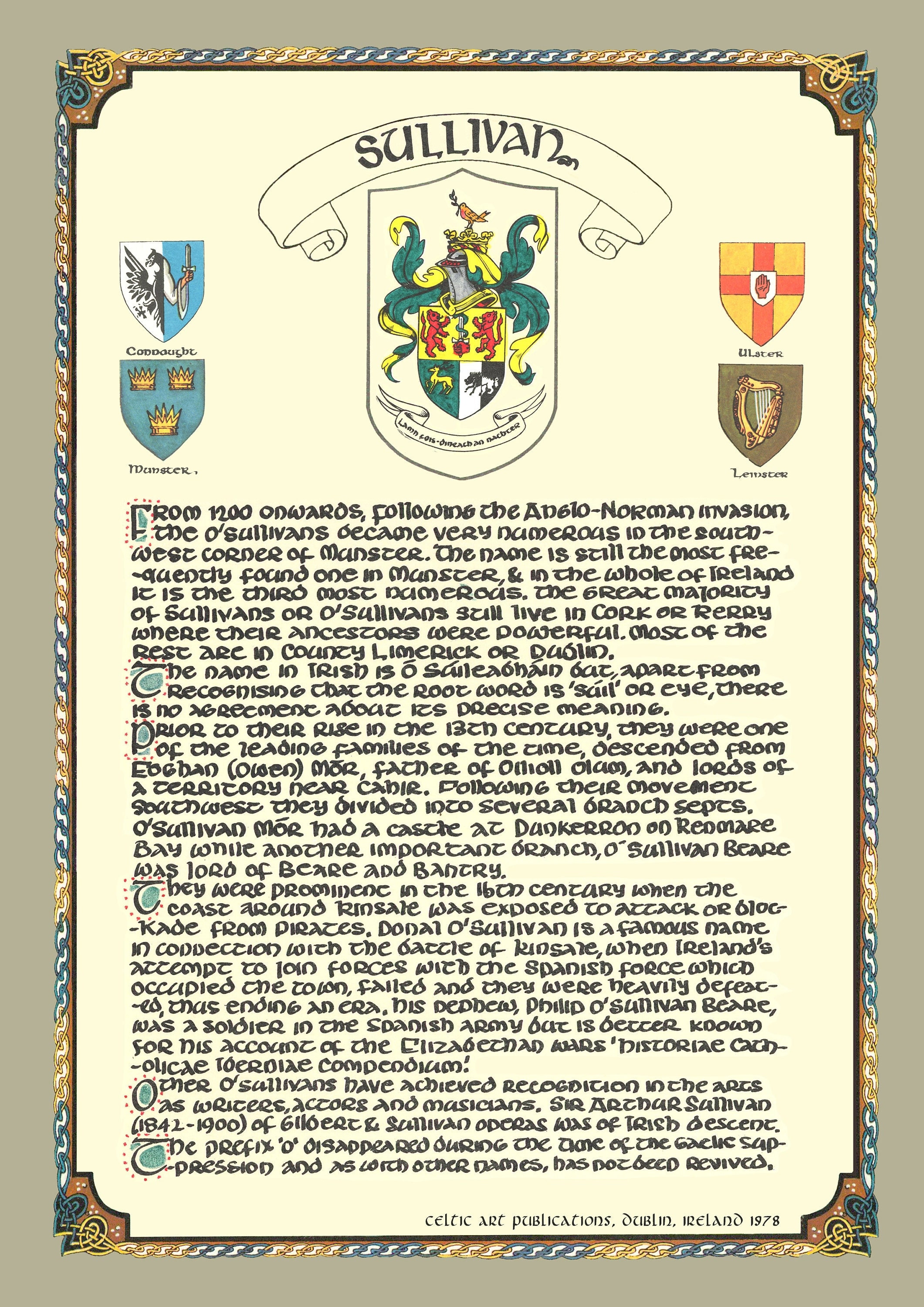 Sullivan Family Crest Irish Coat of Arms Irish Family Crest Gifts Ireland  Coat of Arms 