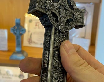 Pewter Clonmacnoise Standing Cross, Irish Celtic Ornament, Made in Ireland