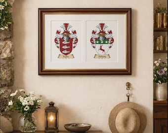 Luxury Double Family Crest Framed - ANY NAME - Made to Order