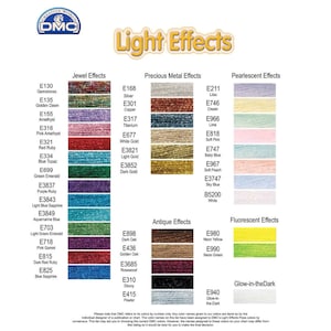 May include: A DMC colour chart for "Light Effects" embroidery thread, showing various shades categorised as Jewel, Precious Metal, Pearlescent, Antique, Fluorescent, and Glow-in-the-Dark. Each colour is labelled with a name and number.