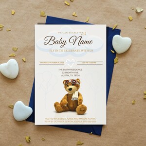 Bears and Ballon Baby Shower Invitation, We can Bearly Wait, Teddy Bear, Clouds and Airplane, Fly In to the Party