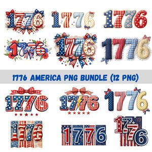 Peut inclure: Plusieurs motifs "1776" aux couleurs rouge, blanc et bleu, avec des étoiles, des rayures et des nœuds. Les motifs présentent des motifs vichy et floraux. Le texte indique "1776 AMERICA PNG BUNDLE (12 PNG)".