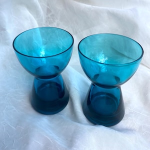 Vintage MCM Morgantown Glass- Barton candlestick holders- pair of 2 in peacock blue, midcentury, 1960’s decor