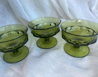 Copas de postre vintage de vidrio Indiana con diseño de corona de reyes y huella digital verde