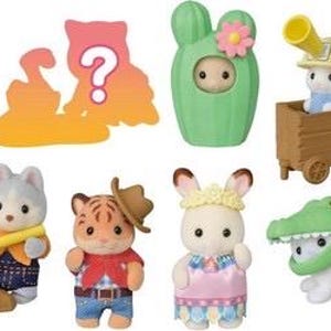 May include: A collection of seven small flocked animal figurines including a mummy, a cactus, a miner in a cart, a husky with a pickaxe, a tiger in a cowboy hat, a rabbit in a floral outfit, and a crocodile, plus a mystery silhouette icon.