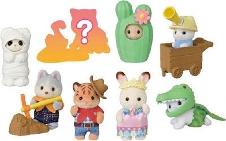 May include: A collection of seven small flocked animal figurines including a mummy, a cactus, a miner in a cart, a husky with a pickaxe, a tiger in a cowboy hat, a rabbit in a floral outfit, and a crocodile, plus a mystery silhouette icon.