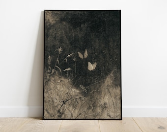 Butterfly Pair Printable Poster, Dark Digital Download, Gothic Forest Scene Art Print, Dark Academia Wall Art, Vintage Illustration Decor