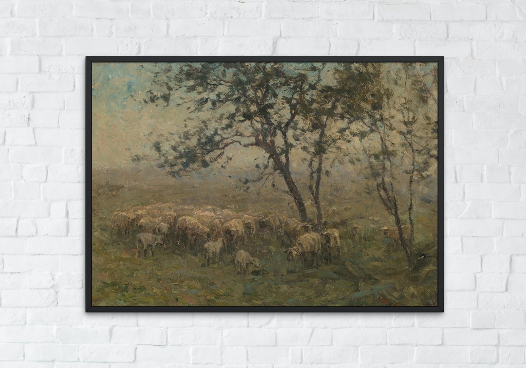 Vintage Sheep Painting Printable, Cottage Landscape Wall Art, Farm ...