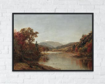 Pintura al óleo de paisaje otoñal vintage, arte mural otoñal imprimible, decoración rústica en tonos cálidos, póster digital de paisaje otoñal, descarga instantánea