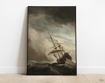 Vintage Ship Printable Wall Art, Moody Seascape Painting, Antique Nautical Ocean Print, Digital Download, Printable Nautical Decor