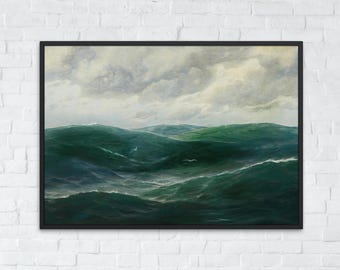 Moody Ocean Waves Printable Art, Vintage Seascape Oil Painting, Antique Coastal Wall Art, Digital Download, Ocean Print, Seascape Wall Decor