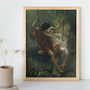 Peut inclure: Une peinture représentant un couple sur une balançoire dans une forêt. L'homme est vêtu d'une tenue brune et rouge, tandis que la femme porte une robe blanche. La peinture est réalisée sur un fond de verdure luxuriante.