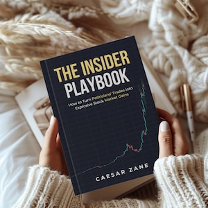 May include: A black and yellow book titled "The Insider Playbook: How to Turn Politicians' Trades into Explosive Stock Market Gains" by Caesar Zane. The book cover features a green and red line graph.