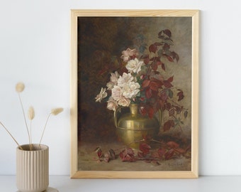 Antique Flower Painting, Printable Wall Art, Moody Vintage Floral Poster, Dark Botanical Fine Art, Victorian Home Decor, Instant Download