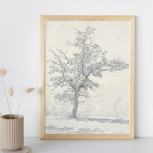 May include: A black and white line drawing of a tree in a wooden frame. The drawing is on a white background and the frame is a light wood colour.