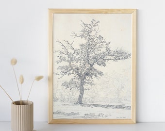 Printable Pencil Tree Drawing, Vintage Sketch Wall Art Print, Neutral Tree Landscape Prints, Minimalistic Tree Decor, Digital Download
