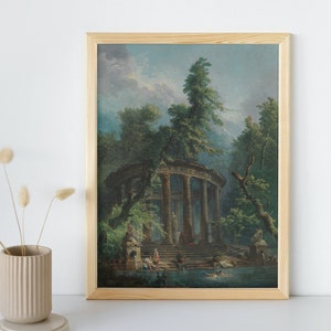 May include: A framed painting depicting a classical ruin in a lush green landscape. The ruin is a circular structure with columns and a roof, and it is surrounded by trees and bushes. There are figures in the foreground, some of whom are swimming in a pool of water.