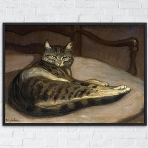 Lounging Tabby Cat Portrait, Vintage Feline Painting Digital Download, Antique Animal Printable Wall Art, Moody Fine Art Poster Decor