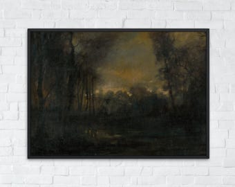 Stampa artistica di foresta scura e malinconica, paesaggio astratto vintage, arte murale rustica antica, download digitale stampabile, decorazione naturale atmosferica