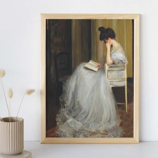 Vintage Woman Reading Oil Painting, Moody Printable Wall Art, Victorian Woman Portrait Print, Antique Woman Artwork Prints, Digital Download