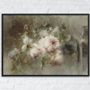 Afdrukbare vintage bloemenaquarelkunst, pastelroze rozen schilderij, shabby chic wanddecoratie, antieke bloemenprint, instant download