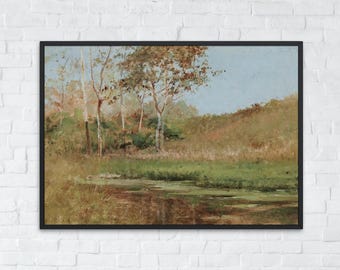 田舎の風景画、アンティークブルートーンの田舎風絵画、ヴィンテージな